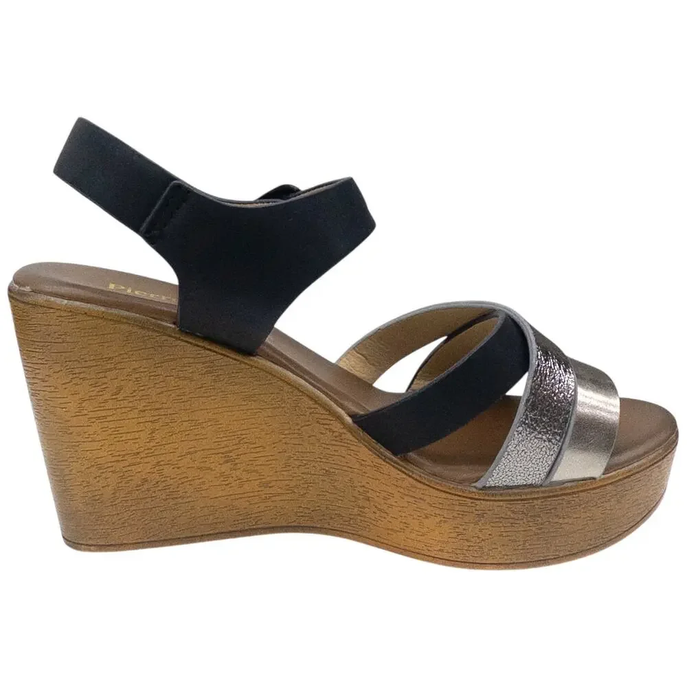 Pierre Dumas High Heel Platform Wedge Strappy Sandals Women's 6  Black Silver